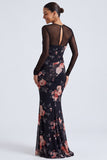 Black Floral Illusion Neck Mermaid Long Sleeve Formal Dress