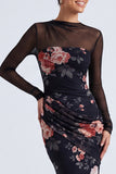 Black Floral Illusion Neck Mermaid Long Sleeve Formal Dress
