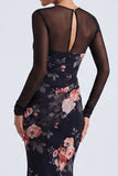 Black Floral Illusion Neck Mermaid Long Sleeve Formal Dress