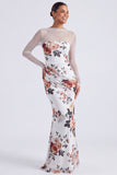 Black Floral Illusion Neck Mermaid Long Sleeve Formal Dress