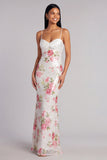 Ivory Floral Spaghetti Straps Sequin Mermaid Formal Dress