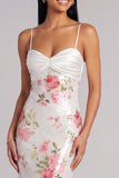 Ivory Floral Spaghetti Straps Sequin Mermaid Formal Dress