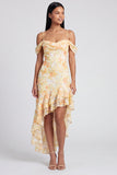 Yellow Cold Shoulder Ruffled Asymmetrical Floral Dress