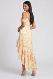 Yellow Cold Shoulder Ruffled Asymmetrical Floral Dress