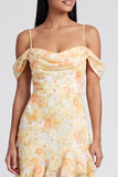 Yellow Cold Shoulder Ruffled Asymmetrical Floral Dress