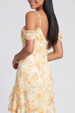 Yellow Cold Shoulder Ruffled Asymmetrical Floral Dress