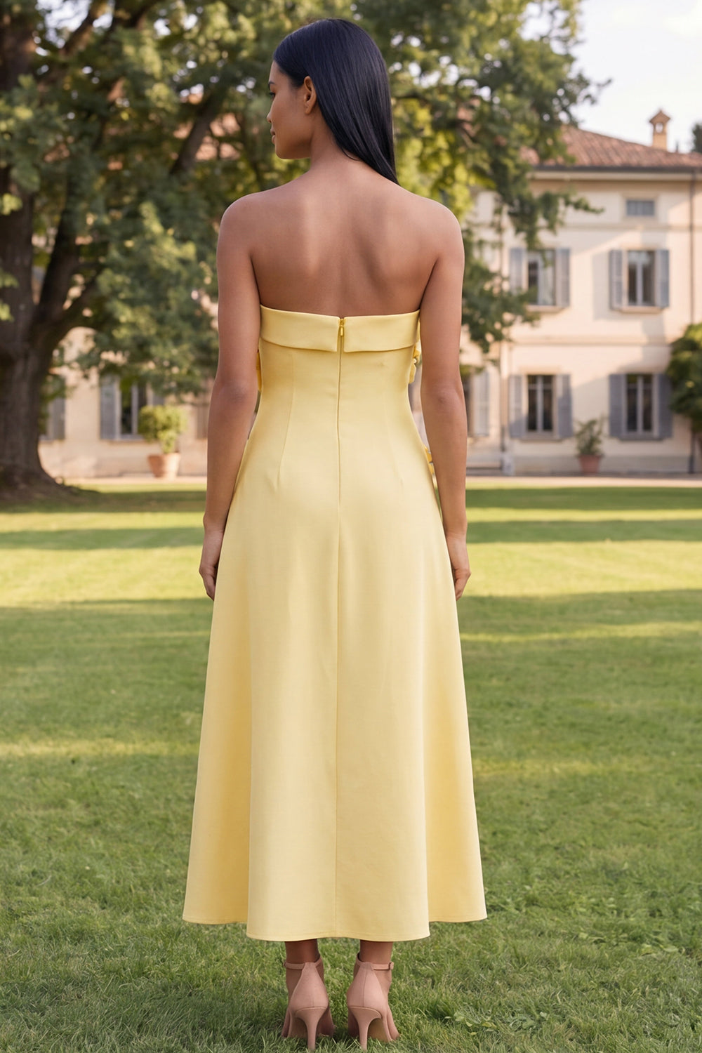 Zapaka Women Yellow Midi Floral Dress A-Line Strapless Wedding Guest Dress, Yellow / US6