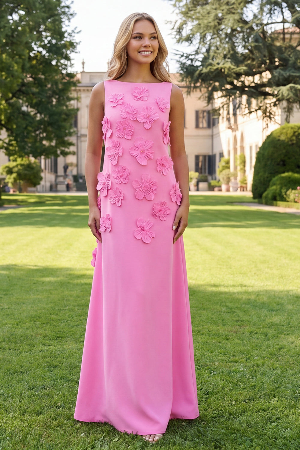 Zapaka Women Hot Pink Maxi Floral Dress Mermaid Bateau Neck Wedding Guest Dress, Pink / US14