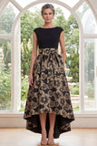 Black A-Line Bateau Neck Floral Jacquard High Low Mother Of the Bride Dress with Bow