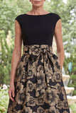 Black A-Line Bateau Neck Floral Jacquard High Low Mother Of the Bride Dress with Bow