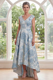 A-Line Blue V-Neck Floral Jacquard High Low Mother Of the Bride Dress with Cap Sleeves