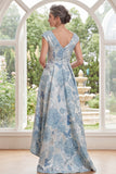A-Line Blue V-Neck Floral Jacquard High Low Mother Of the Bride Dress with Cap Sleeves