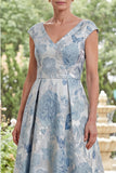 A-Line Blue V-Neck Floral Jacquard High Low Mother Of the Bride Dress with Cap Sleeves