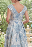 A-Line Blue V-Neck Floral Jacquard High Low Mother Of the Bride Dress with Cap Sleeves