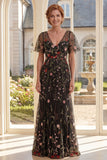 A-Line Black V-Neck Floral Tulle Long Mother Of the Bride Dress with Flutter Sleeves
