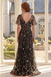 A-Line Black V-Neck Floral Tulle Long Mother Of the Bride Dress with Flutter Sleeves