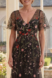 A-Line Black V-Neck Floral Tulle Long Mother Of the Bride Dress with Flutter Sleeves