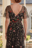 A-Line Black V-Neck Floral Tulle Long Mother Of the Bride Dress with Flutter Sleeves