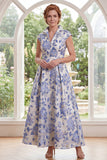 White Blue Flower A-Line Jacquard Long Mother Of the Bride Dress with Cap Sleeves