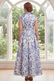 White Blue Flower A-Line Jacquard Long Mother Of the Bride Dress with Cap Sleeves