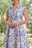 White Blue Flower A-Line Jacquard Long Mother Of the Bride Dress with Cap Sleeves