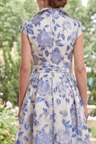 White Blue Flower A-Line Jacquard Long Mother Of the Bride Dress with Cap Sleeves
