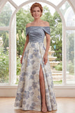 Off the Shoulder Dusty Blue A-Line Jacquard Long Mother Of the Bride Dress with Slit