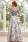 Off the Shoulder Dusty Blue A-Line Jacquard Long Mother Of the Bride Dress with Slit