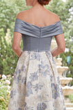 Off the Shoulder Dusty Blue A-Line Jacquard Long Mother Of the Bride Dress with Slit