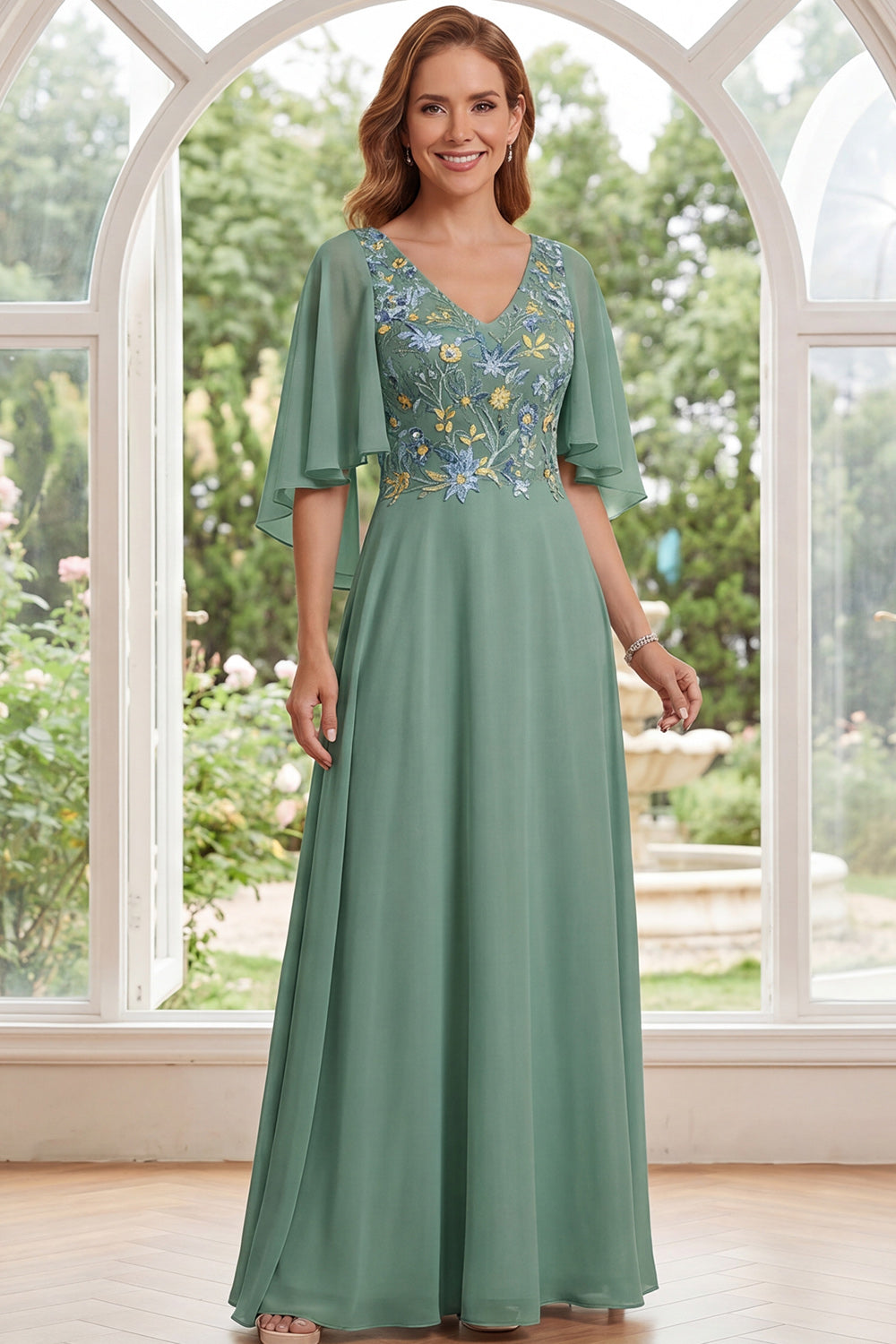 Zapaka Women Sage Green A-Line Mother Of the Bride Dress with Flutter Sleeves Chiffon V-Neck Floral Embroidered Long Wedding Guest Dress, Sage Green / Zapaka Women Sage Green A-Line Mother Of the Bride Dress with Flutter Sleeves Chiffon V-Neck Floral Embroidered Long Wedding Guest Dress, Sage Green /