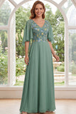 Sage Green A-Line Chiffon V-Neck Floral Long Mother Of the Bride Dress