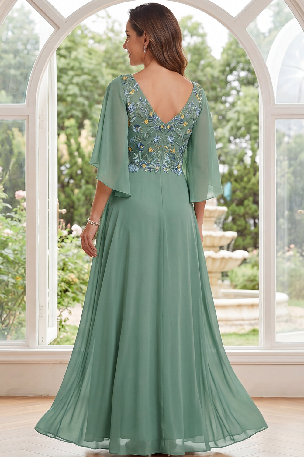Zapaka Women Sage Green A-Line Mother Of the Bride Dress with Flutter Sleeves Chiffon V-Neck Floral Embroidered Long Wedding Guest Dress, Sage Green / Zapaka Women Sage Green A-Line Mother Of the Bride Dress with Flutter Sleeves Chiffon V-Neck Floral Embroidered Long Wedding Guest Dress, Sage Green /