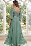 Sage Green A-Line Chiffon V-Neck Floral Long Mother Of the Bride Dress