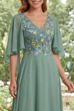 Sage Green A-Line Chiffon V-Neck Floral Long Mother Of the Bride Dress
