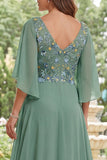 Sage Green A-Line Chiffon V-Neck Floral Long Mother Of the Bride Dress