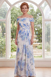 Chiffon White Blue Flower Off the Shoulder Ruched Long Mother Of the Bride Dress