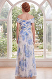 Chiffon White Blue Flower Off the Shoulder Ruched Long Mother Of the Bride Dress
