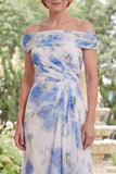 Chiffon White Blue Flower Off the Shoulder Ruched Long Mother Of the Bride Dress