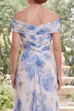 Chiffon White Blue Flower Off the Shoulder Ruched Long Mother Of the Bride Dress