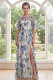 Tulle Blue Flower Round Neck Long Mother Of the Bride Dress with Slit