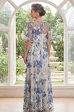 Tulle Blue Flower Round Neck Long Mother Of the Bride Dress with Slit