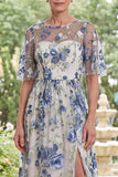 Tulle Blue Flower Round Neck Long Mother Of the Bride Dress with Slit