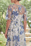 Tulle Blue Flower Round Neck Long Mother Of the Bride Dress with Slit