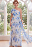 Chiffon White Blue Flower One Shoulder Ruched Long Mother Of the Bride Dress with Sash