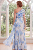 Chiffon White Blue Flower One Shoulder Ruched Long Mother Of the Bride Dress with Sash