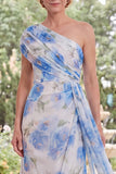 Chiffon White Blue Flower One Shoulder Ruched Long Mother Of the Bride Dress with Sash