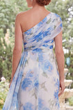 Chiffon White Blue Flower One Shoulder Ruched Long Mother Of the Bride Dress with Sash