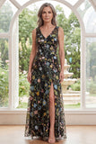 Black Tulle A-Line V-Neck Embroidered Long Mother Of the Bride Dress with Slit