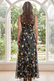 Black Tulle A-Line V-Neck Embroidered Long Mother Of the Bride Dress with Slit