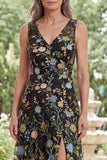 Black Tulle A-Line V-Neck Embroidered Long Mother Of the Bride Dress with Slit